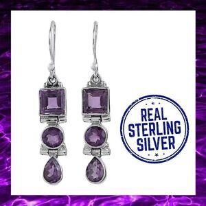 Three Stone Faceted Amethyst 925 Sterling SIlver Dangle Earrings